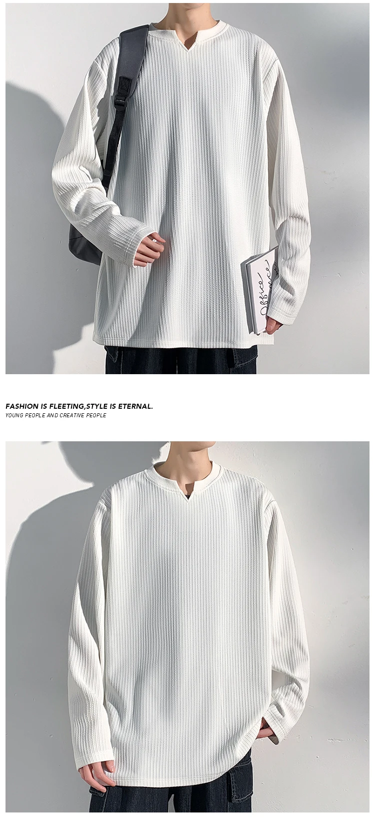 Herren-T-Shirt mit V-Ausschnitt, langen Ärmeln, vertikalen Streifen, geripptem Stoff, lockerer Passform, bequem, lässig, Basic-Oberteil für Herren. – Detail 19