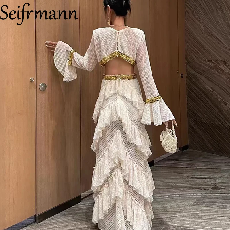 فستان استضافة مأدبة مسائية راقية من Seifrmann - فستان صيفي مطرز ومطرز بأكمام واسعة وشق وتصميم متعدد الطبقات