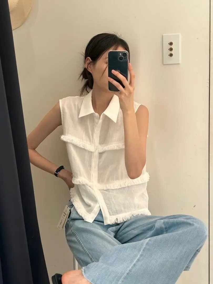 

French Style Women's Shirt Sleeveless Single Button Loose Fit Casual Fashionable with Frayed Edges Versatile Summer Top