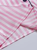 Striped Embroidered Letter Pocket Short Sleeve and Shorts Pajama Set, Casual Satin Sleepwear with Lapel Collar and Button Detail 5
