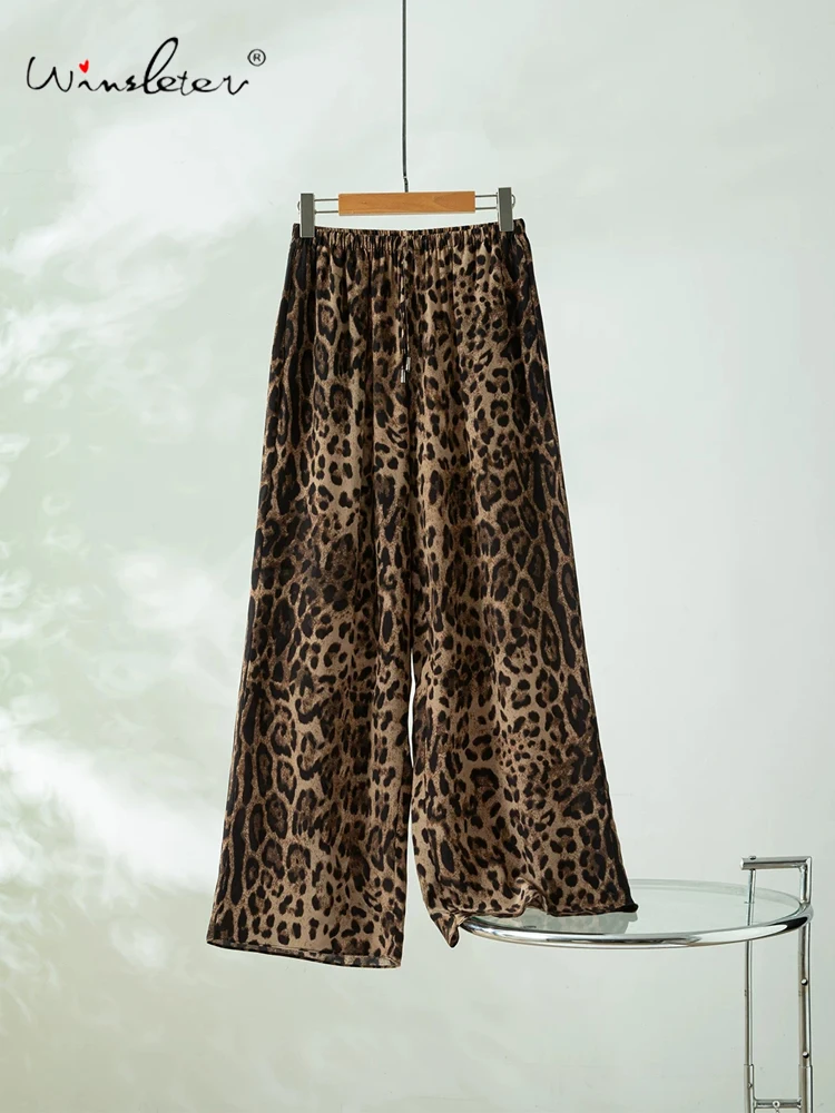 Winsleter-100%Real Silk Double Crepe Elegant Trousers, Elastic Waist Leopard, Women Casual Wide-leg Pants, 2026 Summer B66671CC