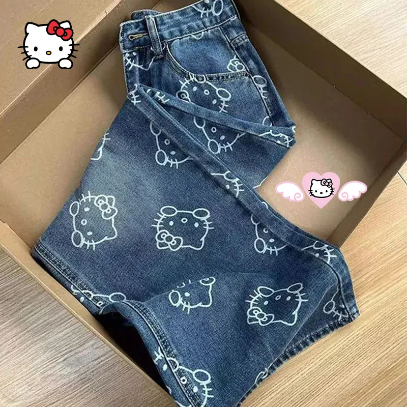 

Американские женские джинсы с принтом Hello Kitty, джинсовые брюки Y2K для девочек с мультяшным принтом, весенне-осенние брюки с высокой талией и широкими штанинами, универсальные повседневные брюки