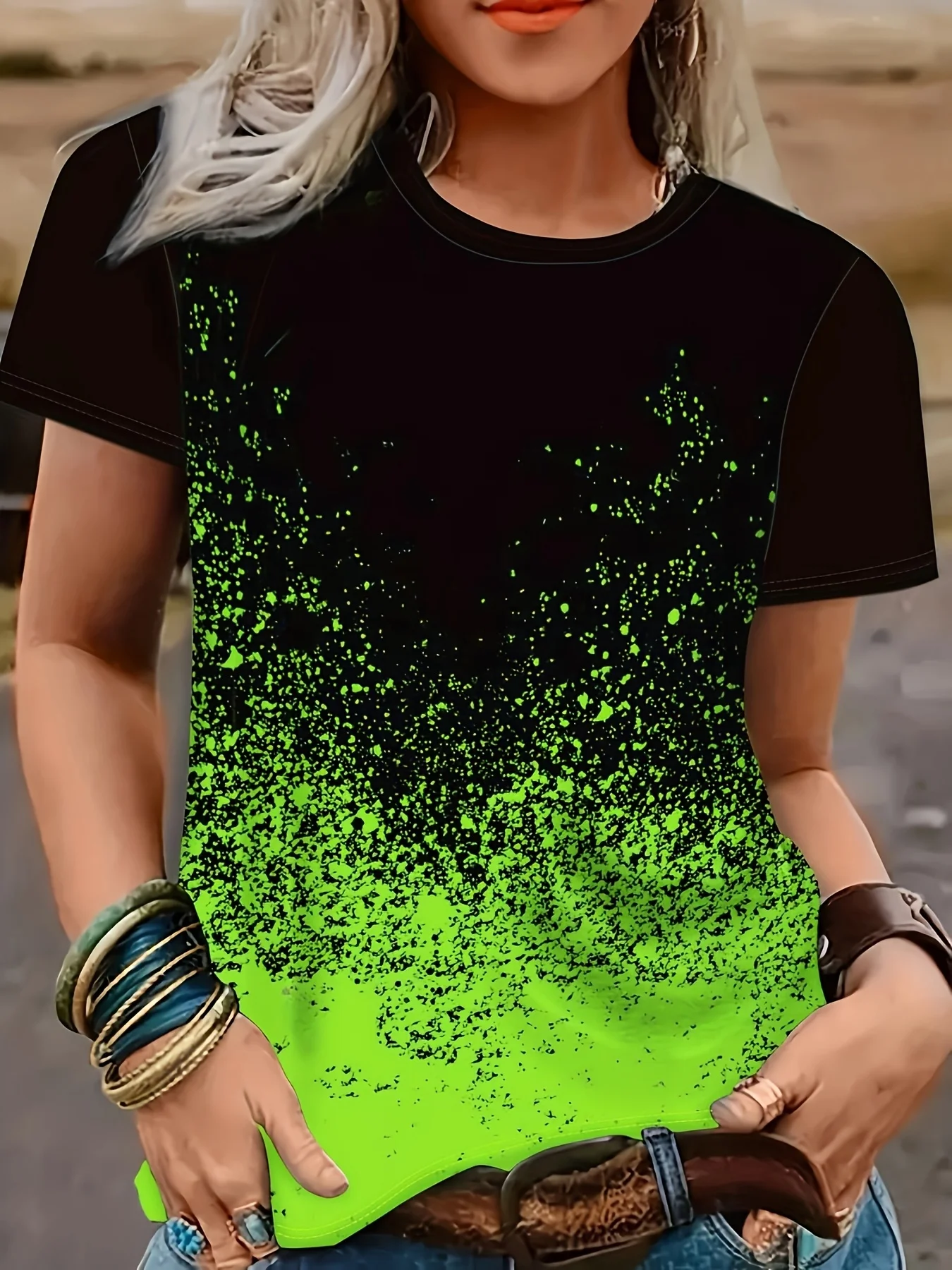 Women T‑Shirt Gradient Glitter Splash Print Fashionable Crew Neck Short Sleeve Streetwear Daily Casual Tee Top Women's Clothes