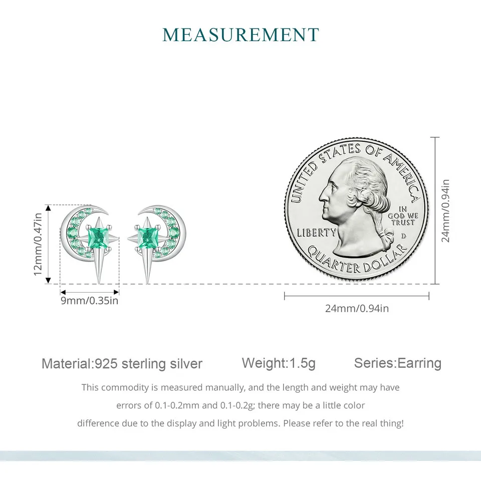 WOSTU 925 Sterling Silver Star Moon Stud Green Zircon Earrings For Women  Exquisite Shiny CZ Party Ear Studs Girl Birthday Gift image 6