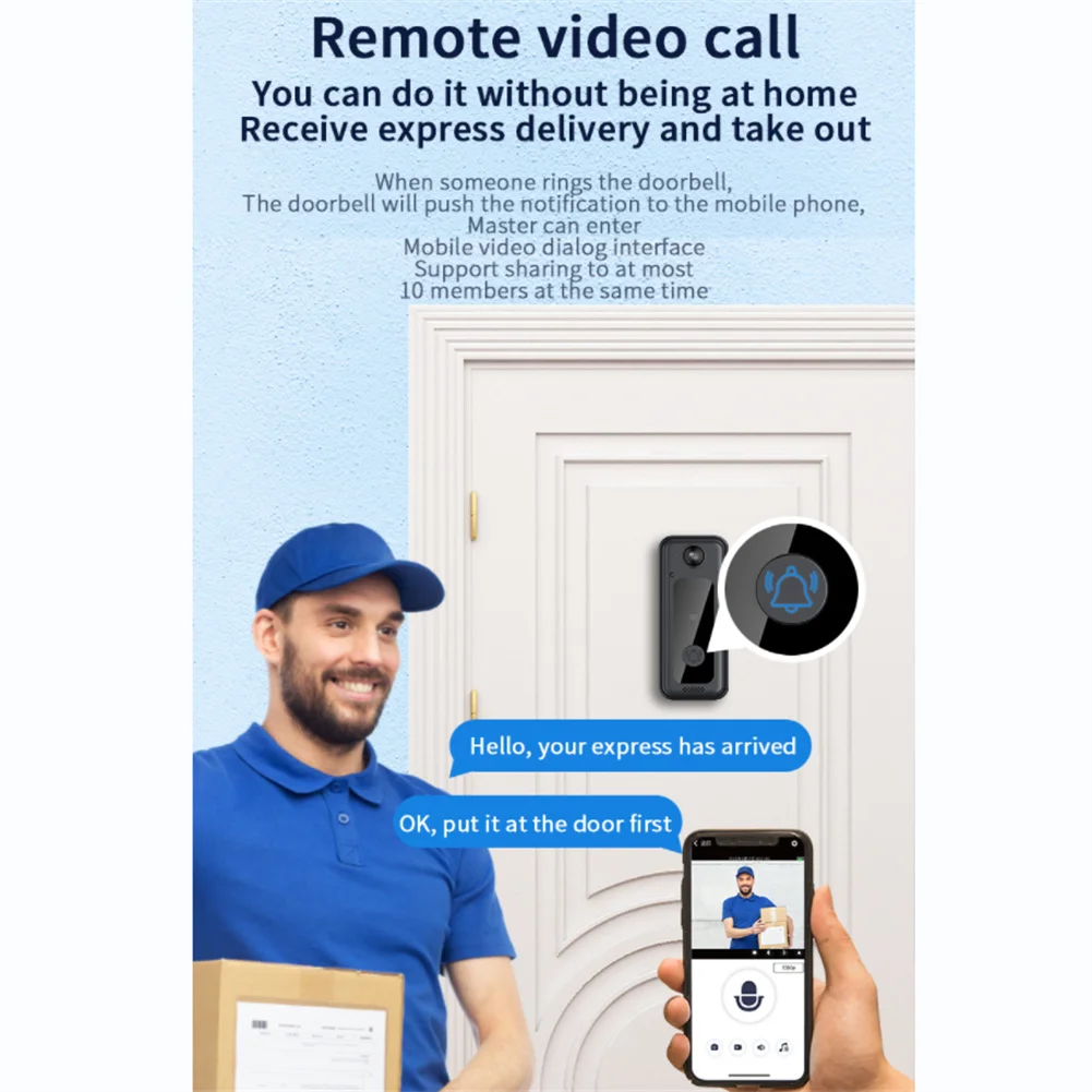 Sonnette vidéo intelligente sans fil avec caméra de stockage en nuage, audio bidirectionnel, vision nocturne HD, Wi-Fi 2.4GHz, tendance e