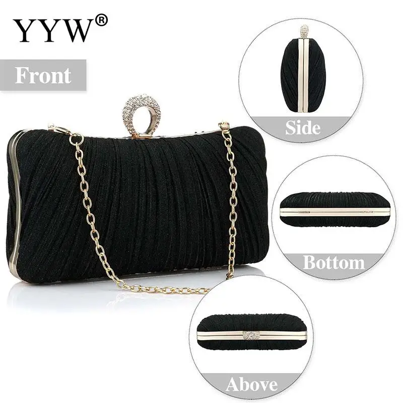 Women\'s Glitter Evening Clutch Handbags Pleated Party Bag for Bridal Wedding Party with Rhinestone Ring Shoulder Messenger Bags