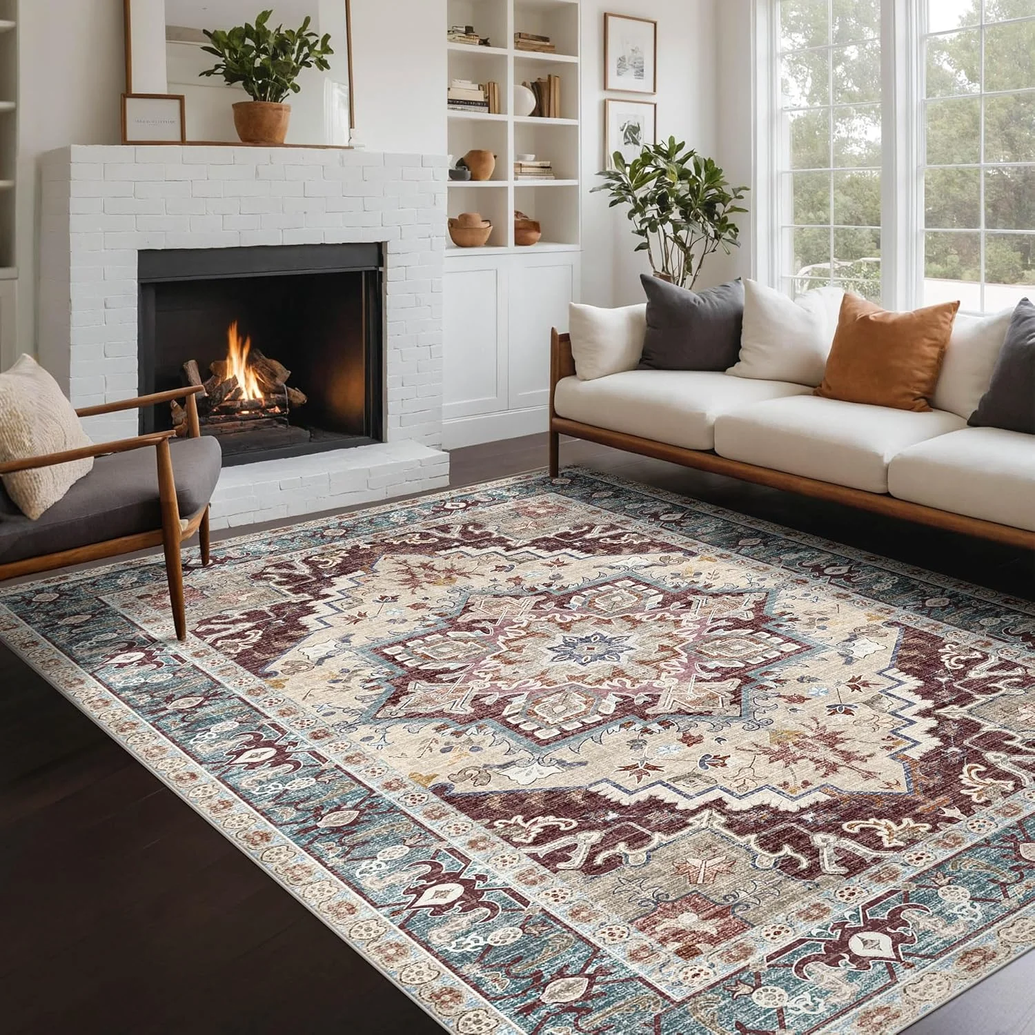 

VIKAMA Washable Back Turkish Vintage Bohemian Rug - Machine Washable, Non-Slip Living Room Rug, Easy Care Decorative Pad