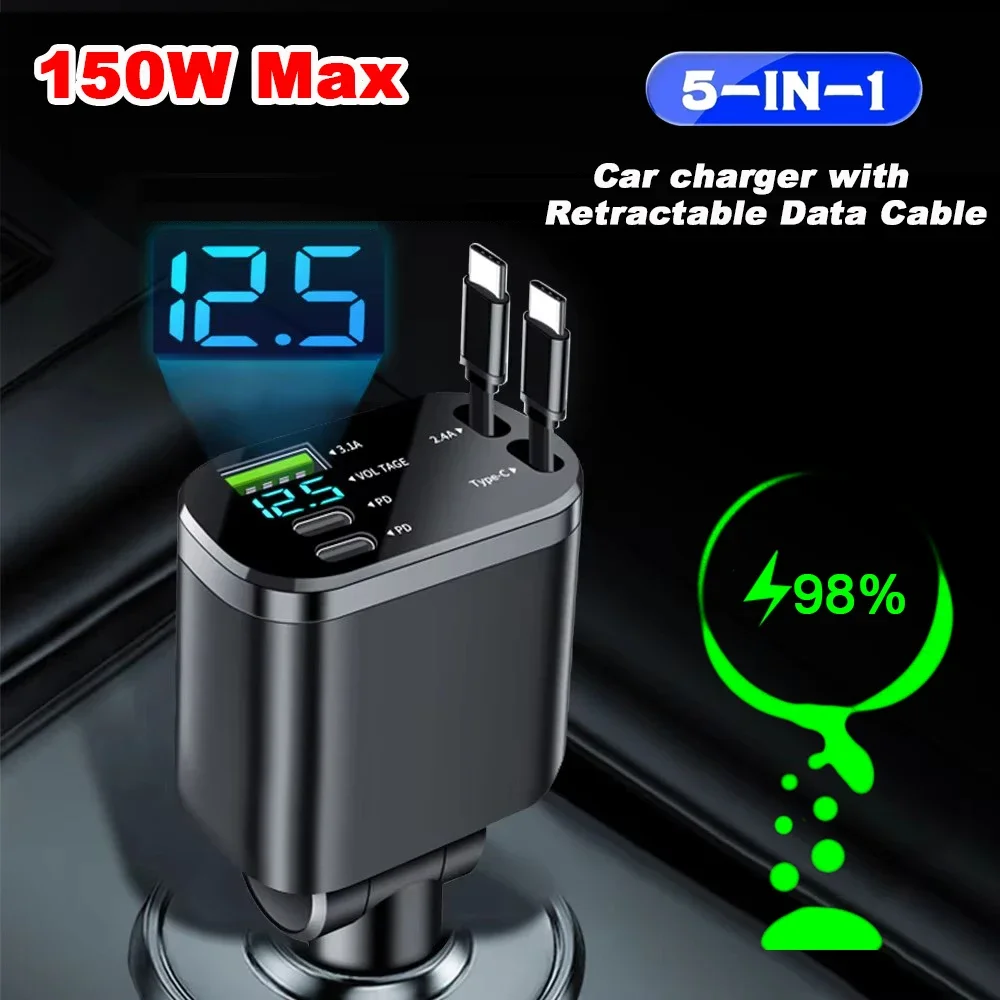 Carregador de Carro Retrátil 5 em 1 USB Tipo C PD com Cabo Retrátil para iPhone Samsung, Cabo de Carregamento Rápido e Adaptador para Acendedor de Cigarros