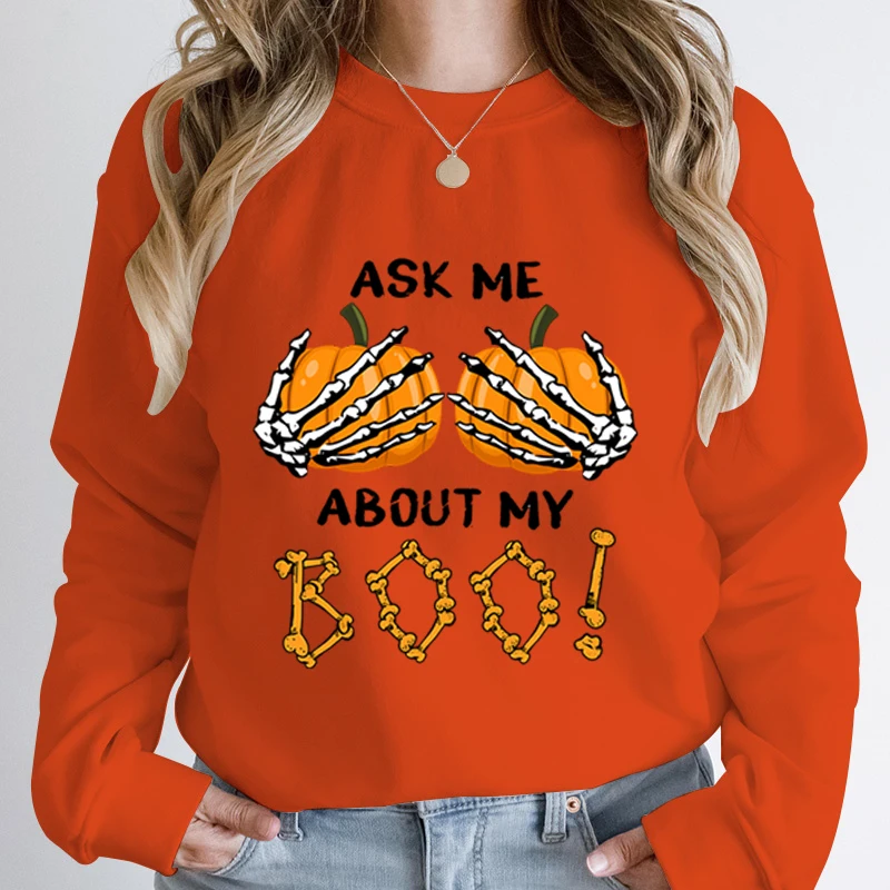 New Halloween Pumpkin Ask Me About My Boo Print Round Neck Pullover New Fashion Women Long Sleeve Hoodless Pullovers Casual Tops