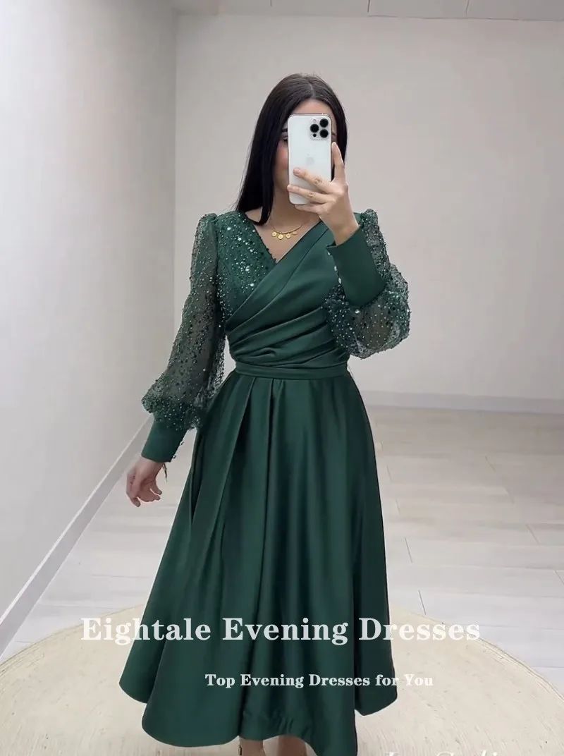 Abiti da ballo verde smeraldo ottoman con scollo a v Glitter maniche lunghe a-line abito da sera corto Vestidos Para laurea