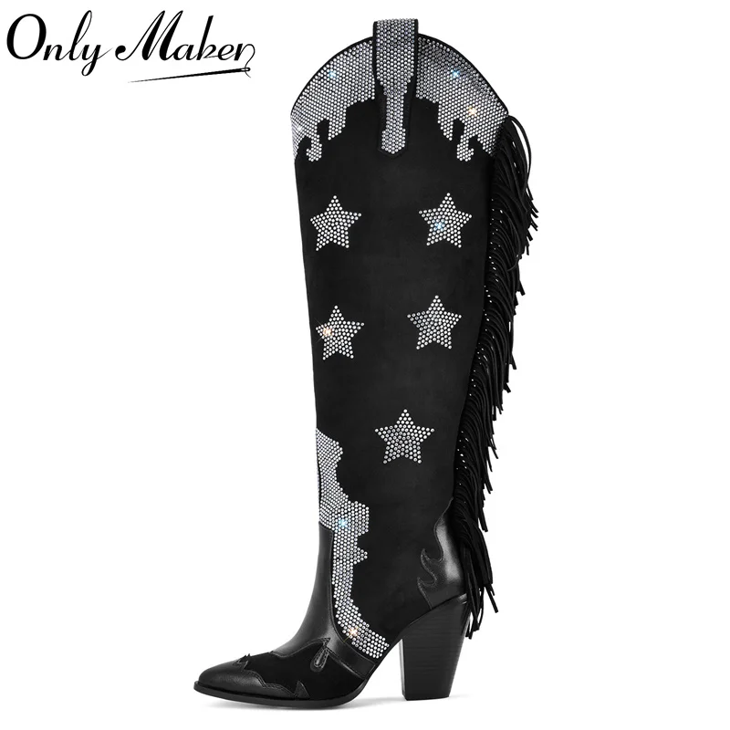

Onlymaker Women Pointed Toe Fringe Rhinestone Western Cowgirl Boots Side Zipper Chunky Heel Cowboy Boots
