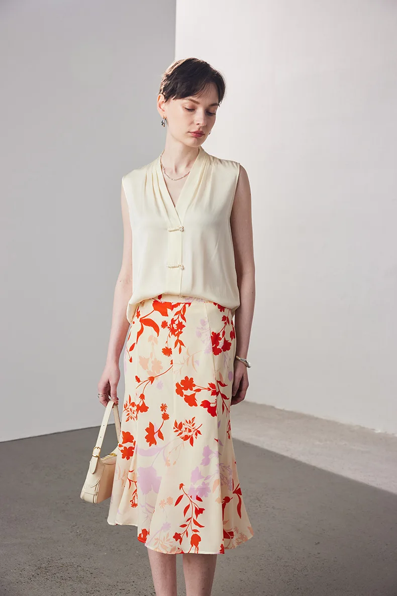 BirdTree-レディース 14 ミリメートル 100% リアルシルクエレガントなスカート、ナチュラルウエスト花柄、レトロパーティートランペットスカート、2025 夏新 B56663CC