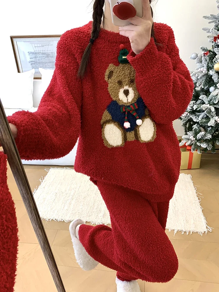 Christmas Cute Bear Red Pajama Sets Women\'s Winter Warm Sweet Round Collar Pullover Coral Fleece Loungewear Pink Fashion