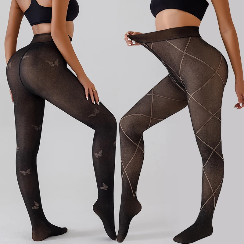 Women Fleece Lined Leggings Winter Thermal Sheer Tights Butterfly Jacquard Design Pantyhose Fake Translucent Thick Warm Leopard