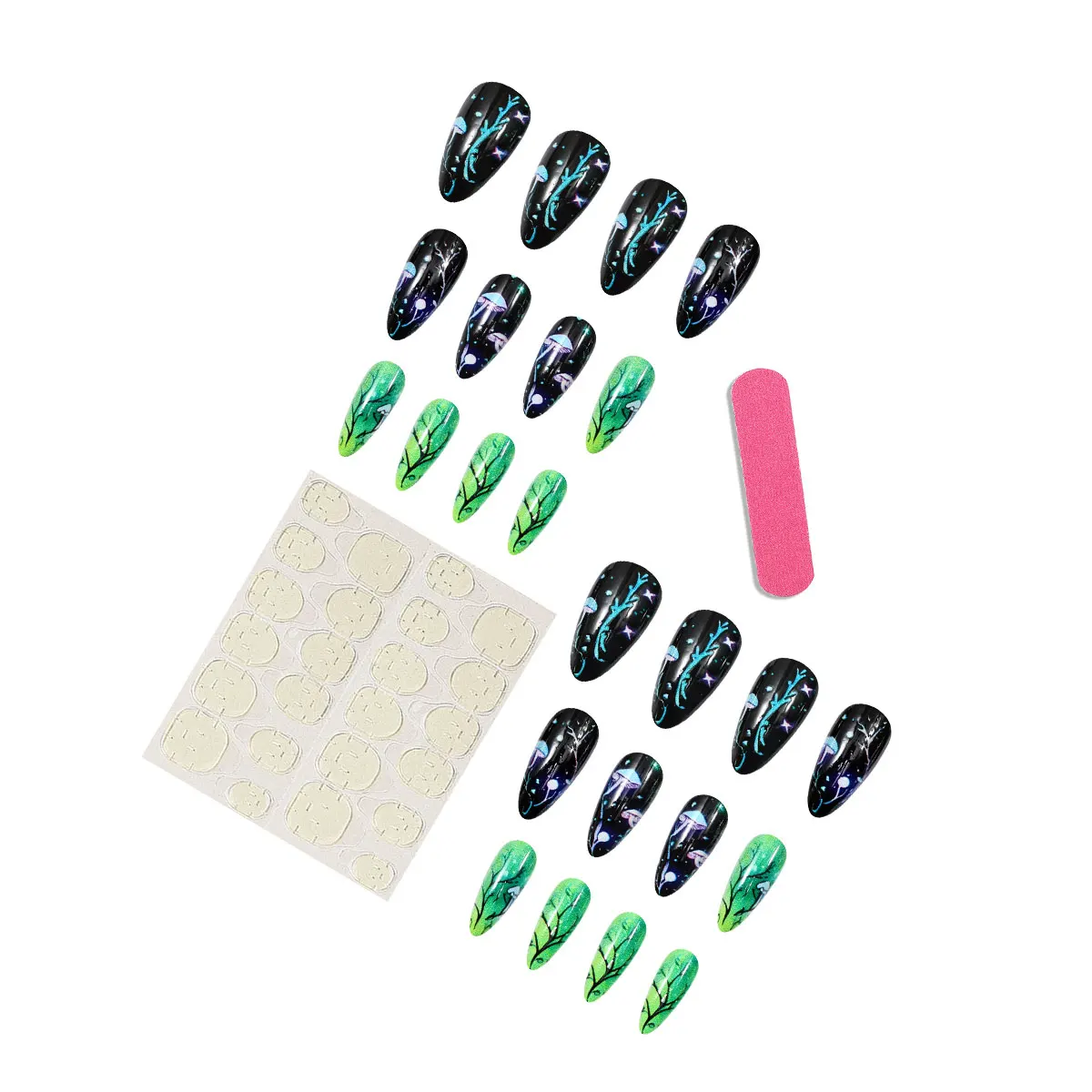 아몬드 프레스온 네일 버섯 모양 가짜 손톱 잎사귀 스머지 디자인 프레스온 네일 3D 탈부착 가능 풀커버 인조 손톱 팁