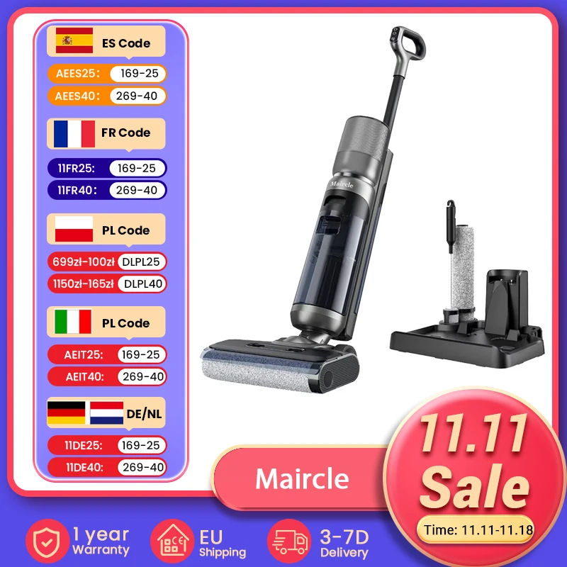 Maircle F1 Cordless Wet Dry Vacuum Cleaner 16kPa Suction 35min Runtime LED Display Self-propelled and Self-Cleaning Voice Prompt