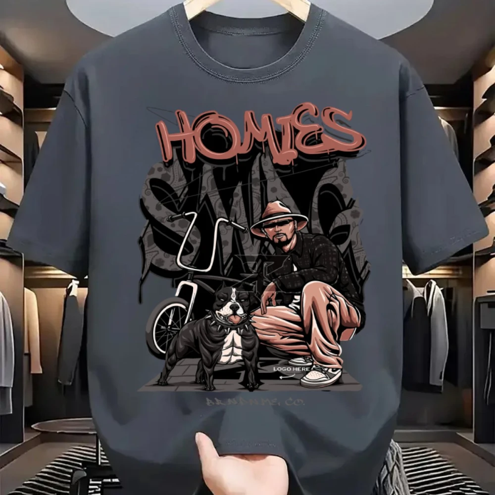 HOMIES American Chicano Style Bully Dog Print T-Shirt Suitable for Both Men and Women Loose and Breathable Machine Washable