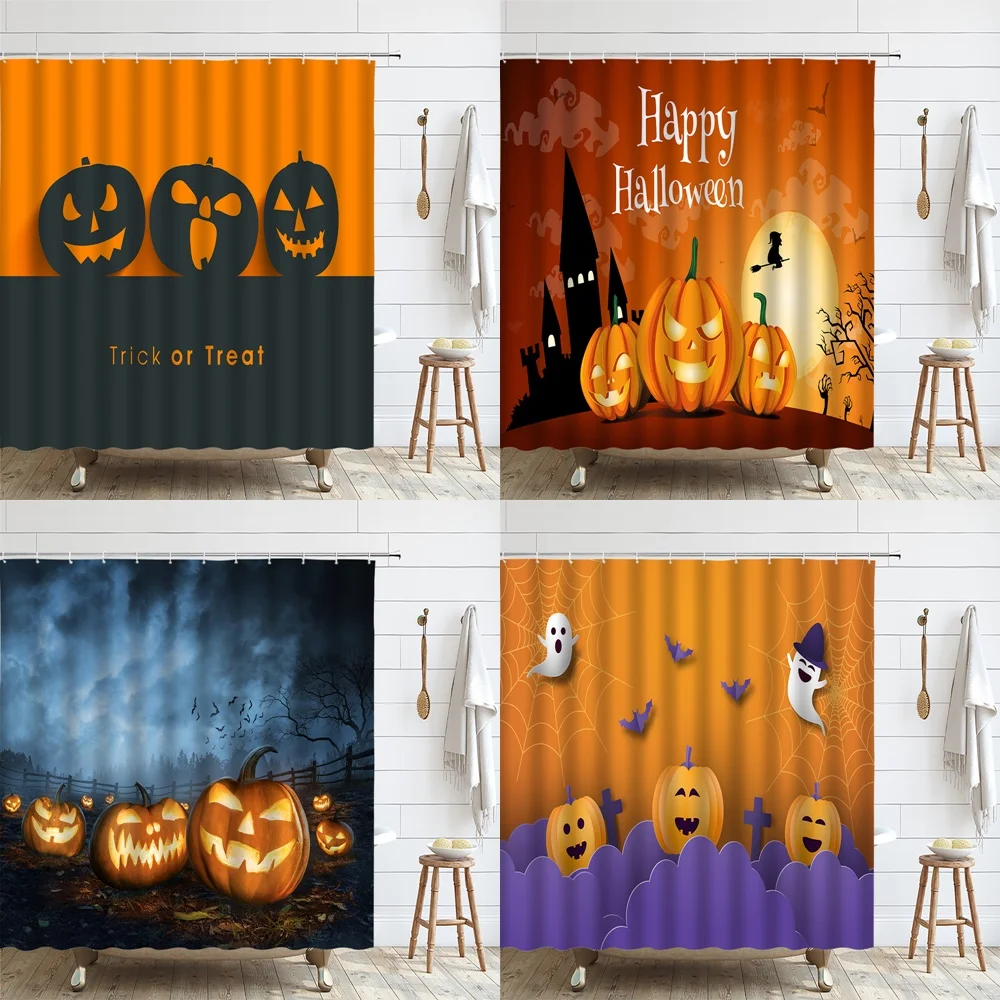 Halloween Spooky Shower Curtain for Bathroom All Saints' Day Ghost Witch Hat Bat Pumpkin Cloth Bath Curtains Bathtub Screen Home