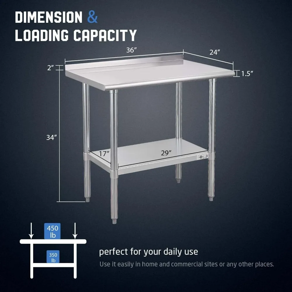 Stainless Steel Prep Table NSF Commercial Work Table with Backsplash and Undershelf for Kitchen Restaurant 24x36 Inch