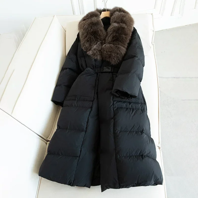 

European Winter New Women's Fox Fur Down Jacket High Street V-neck Strap Down Jacket