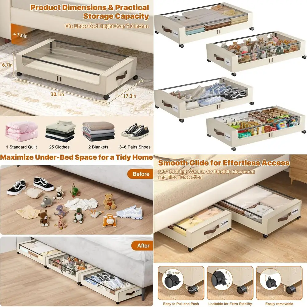 

4-Pack XXL 60L Under-Bed Storage Boxes with Clear Lids and Wheels for Clothes and Shoes - White Durable Organizers