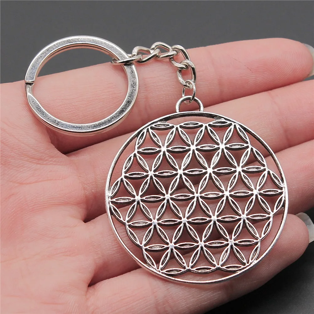 Woemn Men Keychain Dropshipping Antique Silver Color 48x44mm The Flower Of Life The Seed Of Life Pendant Keyring Gift