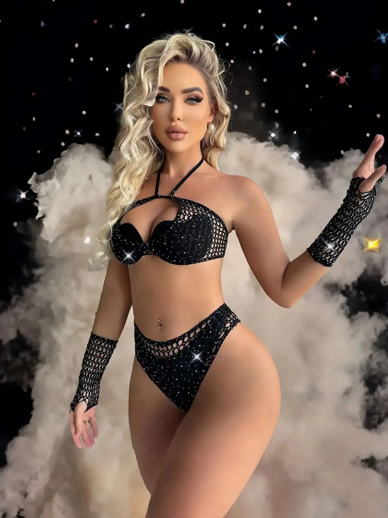 Sexy pietre d'acqua scintillanti bikini stile europeo alla moda senza schienale profondo scollo a V appeso bikini senza maniche affascinante casual 01MN