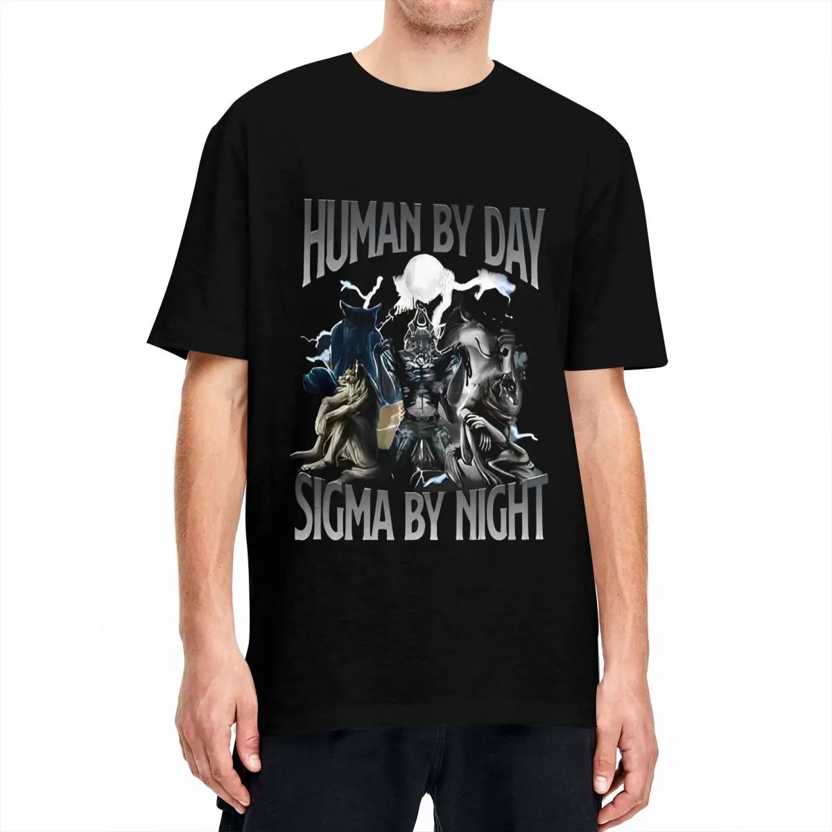 Human By Day Sigma By Night Funny Wolf Graphic T-Shirts for Men Women Crazy 100% Cotton Tees Short Sleeve T Shirt Plus Size Tops