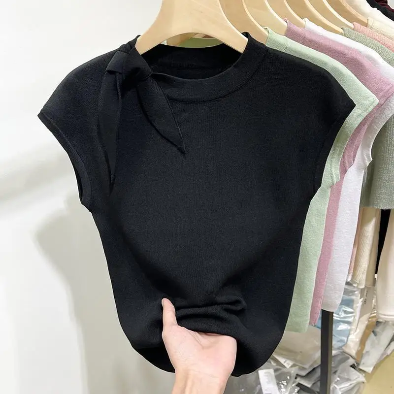 Round Neck Ice Silk Short-sleeved Knitted T-shirt for Women New Style in Summer 2024 Slim-fit Small Flutter Sleeves Blouse Top