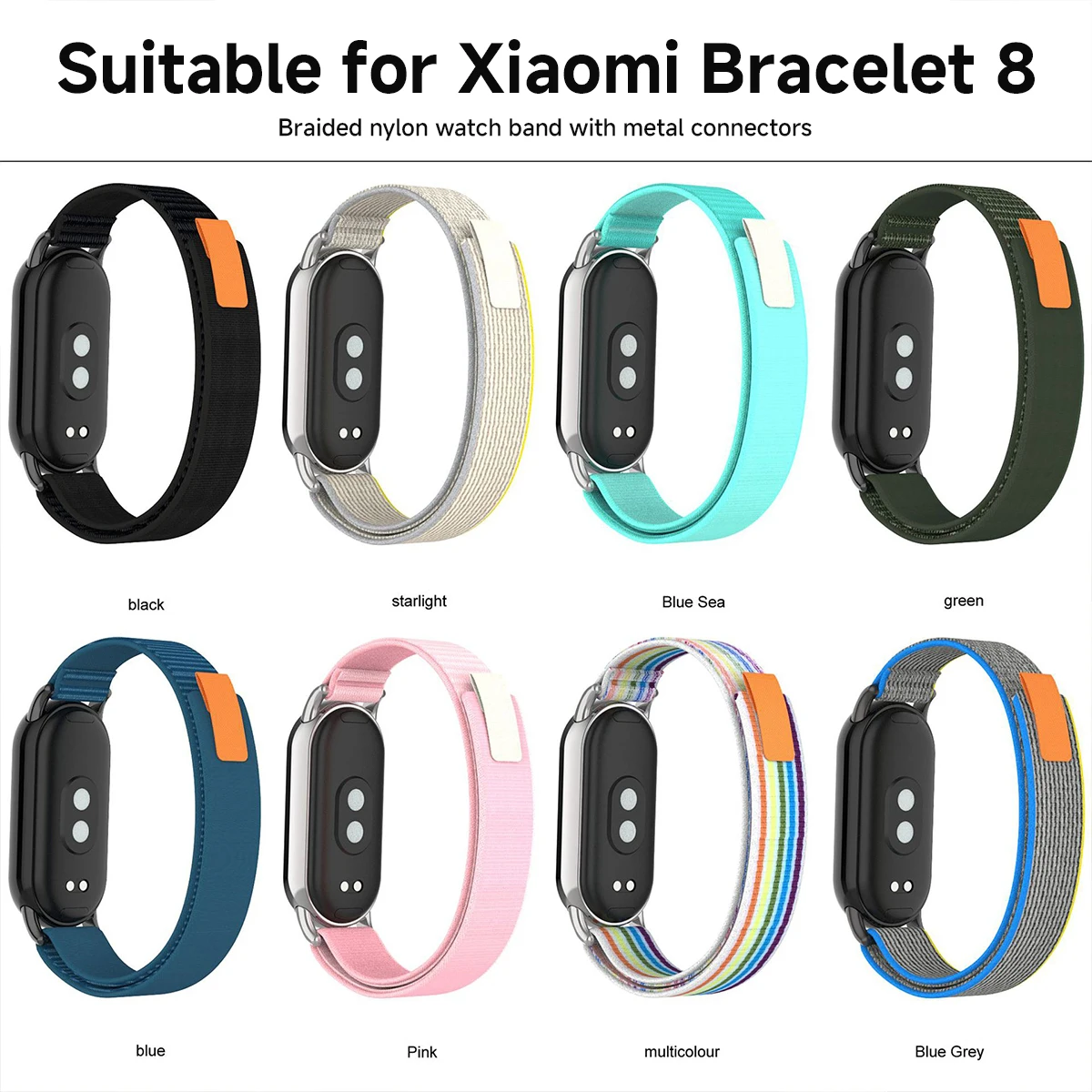 Cinturino in nylon traspirante per Xiaomi Mi Band 8 Bracciale con testa in metallo Particelle Cintura di ricambio estiva