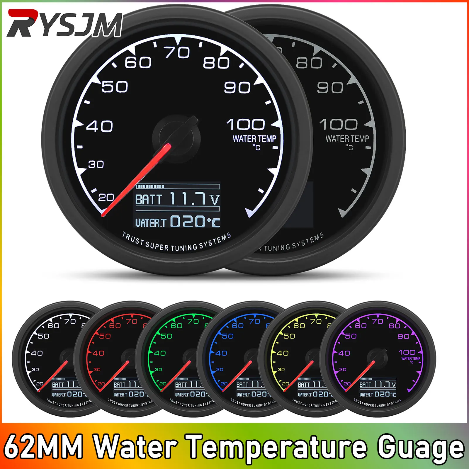 

7 Colors Backlight 62MM Water Temperature Gauge With Water Temp Sensor 20-120 Celsius NPT1/8 Temp Sensor For 12V 24V Car Boat