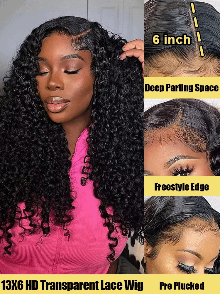 Deep Wave 13x6 Lace Front Human Hair Wigs 250% Density 13x4 HD Transparent Water Wave Curly Lace Frontal Wigs With Baby Hair Natural Color Daily Party 40 46 Inch Pre Plucked view 5
