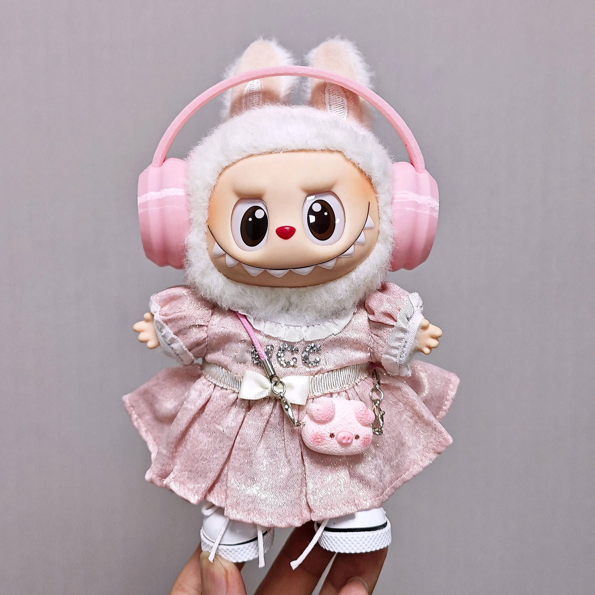 For Labubu High-quality Doll Clothes 15cm - 17cm Cute Pink Dress Little Pig Pendant Set Labubu Universal Clothes