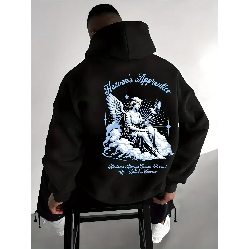 

Men's Gothic Angel and "Heaven's Apprentice" Pattern Oversized Pullover and Dark Angel Print Autumn and Winter Loose Streetwear