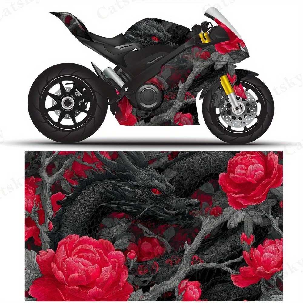 Black Dragon & Red Roses Motorcycle Film Stickers, Durable PVC Adhesive Decals for Motorcycle Customization, Weather-Resistant P