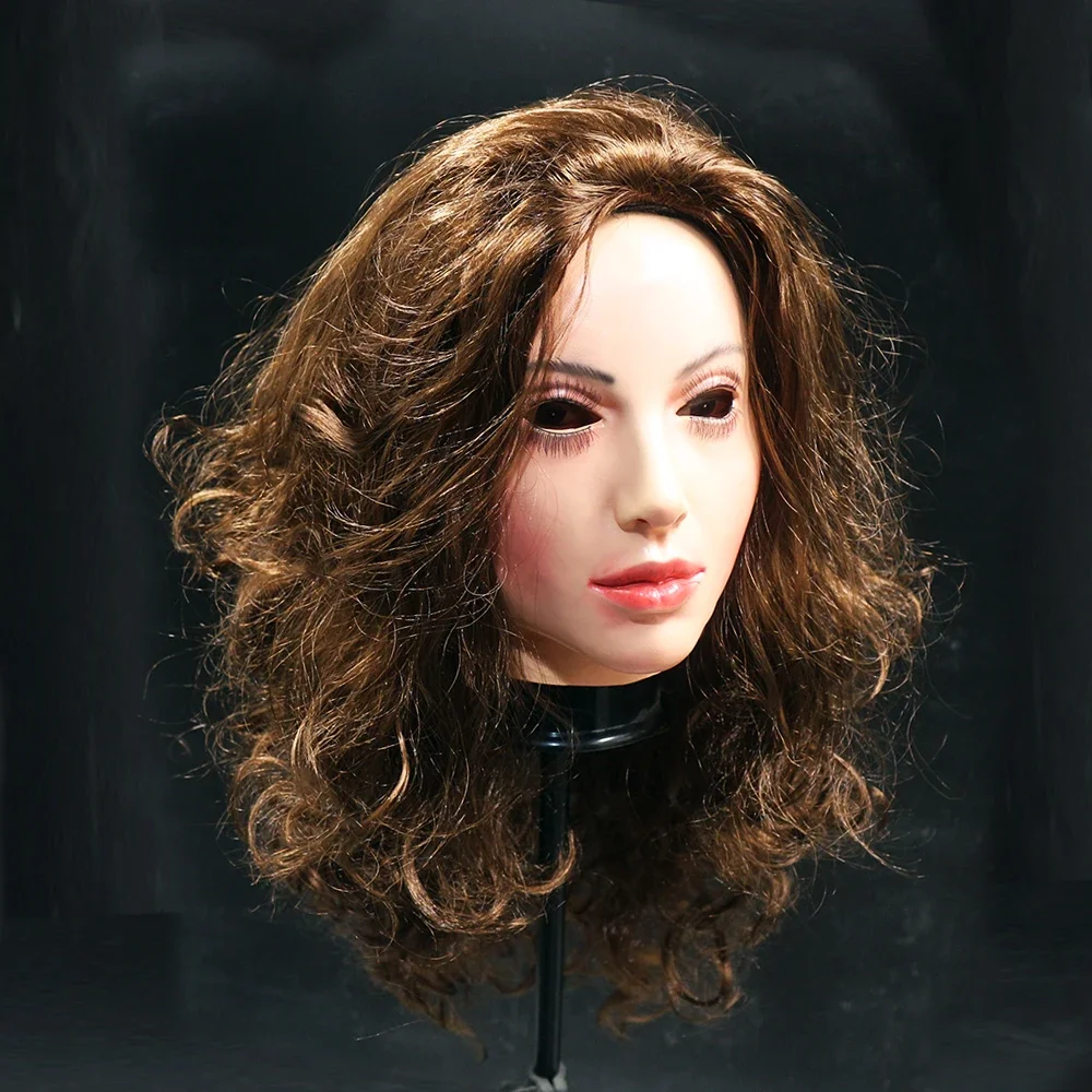 Realistic Latex mask Female Woman Face Halloween Latex Mask with Wig Lady Crossdressing Sissy Transgender Costume 3