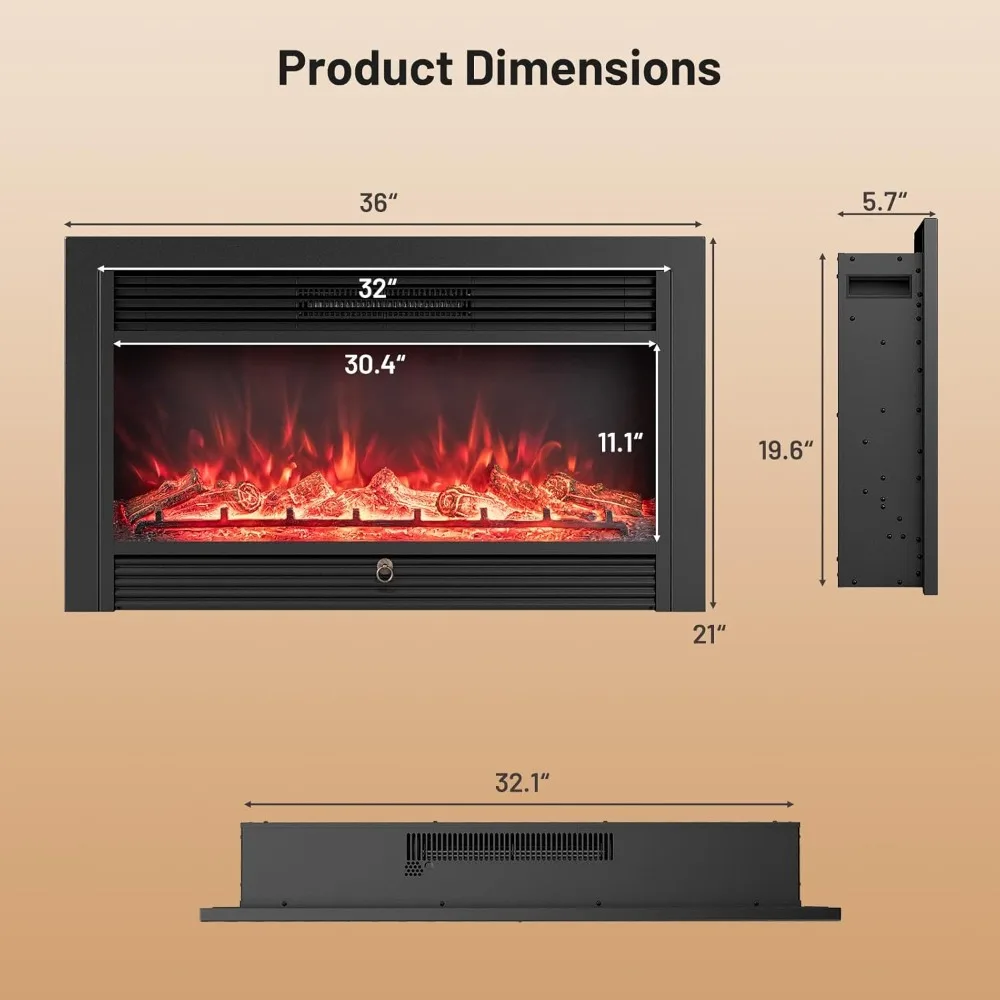 Electric Fireplace Wall-Mounted Recessed 3-Color Flame 5-Level Brightness 8-Hour Timer 750/1500W Freestanding Insert Black