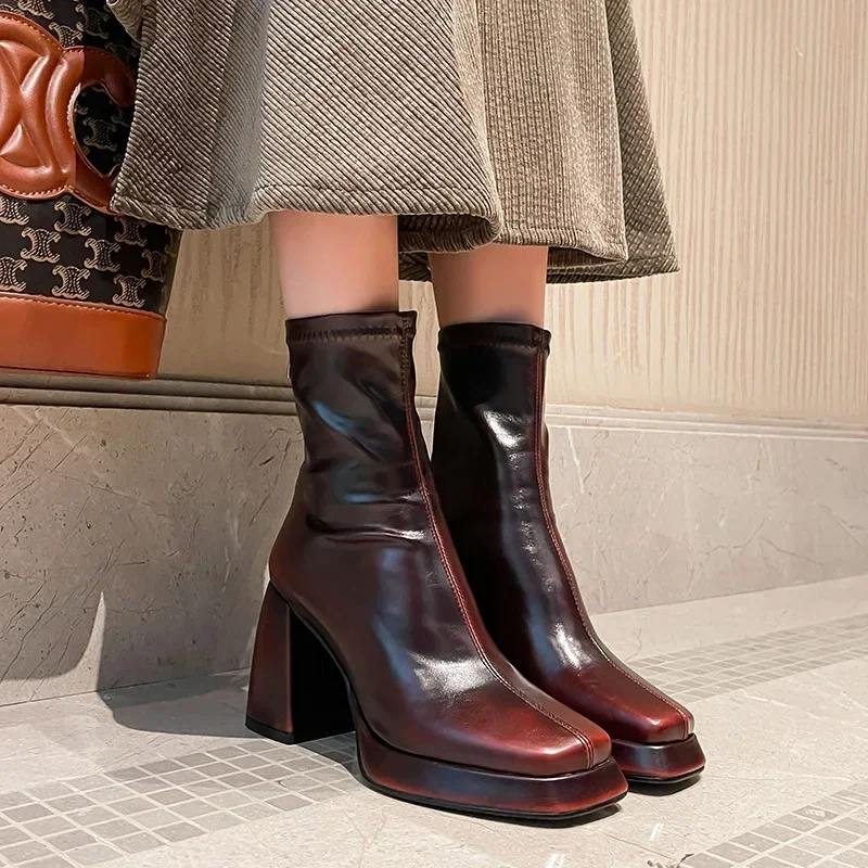 

Vintage Gradient Rubbed Stretch Boots Distressed Chunky Heel Short Botines Back Zip Square Toe Platform Women Botas Femininas