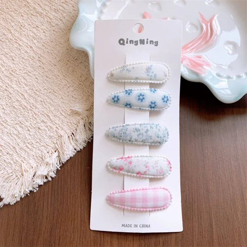 Kids Plaid Floral Hair Clips, Waterdrop Shape Fabric Barrettes for Girls, Korean Style Bobby Pin Cute Baby Hair Accessories Set