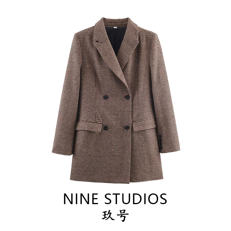 

NINE ZAR Women's Casual Plaid Suit Jaet Loose Fit Versatile Long Sve Double Breasted European Sle Polyester Fabric