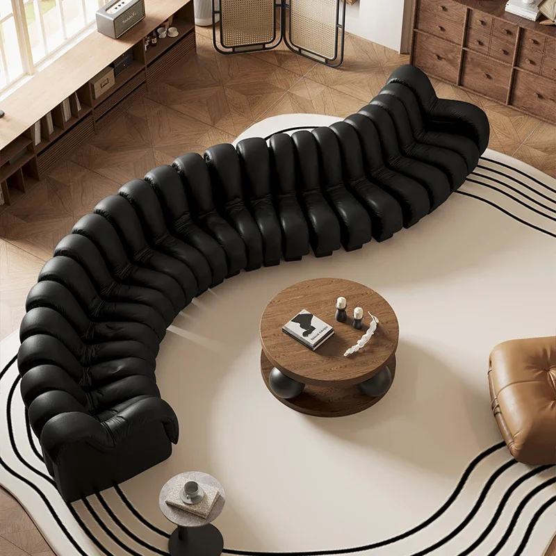 

Snake sofa, French retro black Italian light luxury designer, curved module piano keys, leather sofa