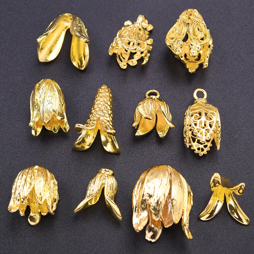 11Pcs/Pack Random Vintage Floral Bell Orchid Tulips Flower Charms DIY Filigree Cone End Cap Bead Jewelry Bisutería Materiel Bulk