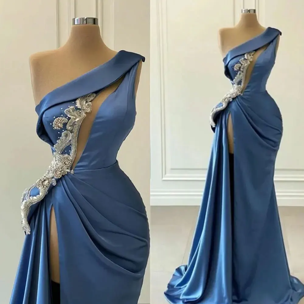 Large Sexy Hollow Out Split Blue Evening Dresses Women Mermaid One Shoulder Sleeve Prom Gown Beaded Applique Elegant Party Robe