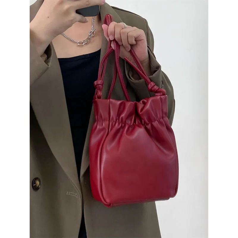 Korean Cute Pleated Bucket Bag Women Fashion All-Match Texture Soft Leather Mini Bag Popular Shoulder Crossbody Mobile Phone Bag