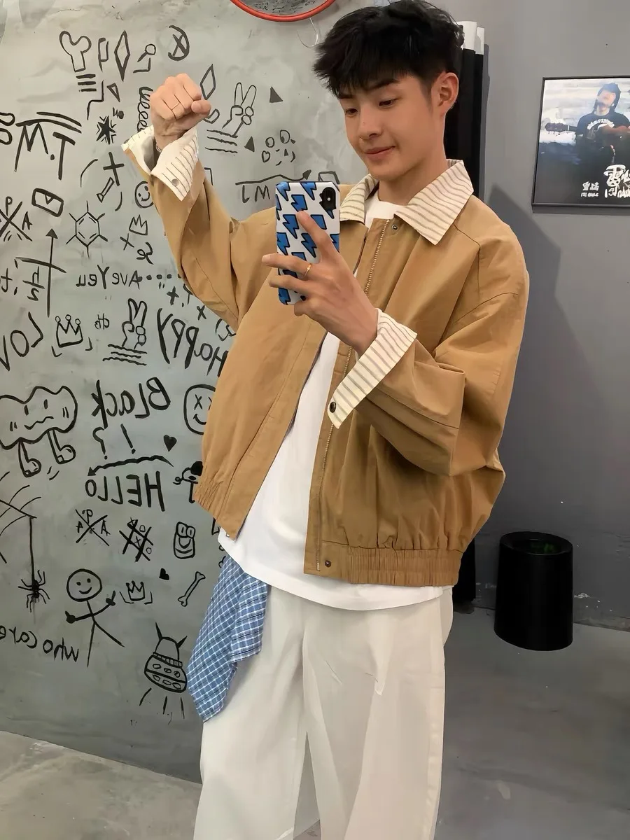 

Мужская куртка в стиле ретро с полосатым воротником в стиле пэчворк, повседневная уличная конструкция, универсальная рабочая одежда, верхняя одежда