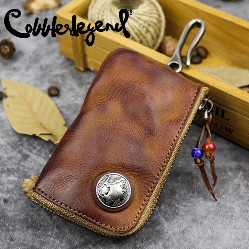 Genuine Leather Key Wallet for Men Short Vintage Handmade Zipper Car Key Holder Coin Purse Card Case Bag Mini for Women Wallet