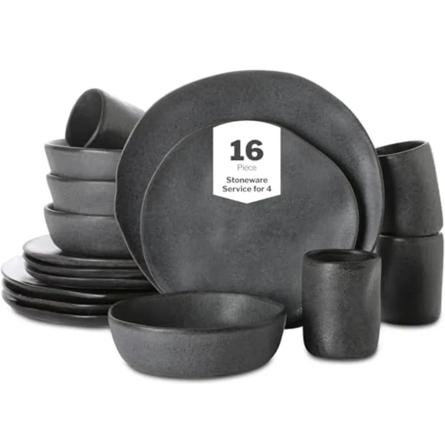

HEKONDA Modern Deed Stoneware 16-Piece Dinnerware Set, Plate and Bowl Set, Dish Set for 4