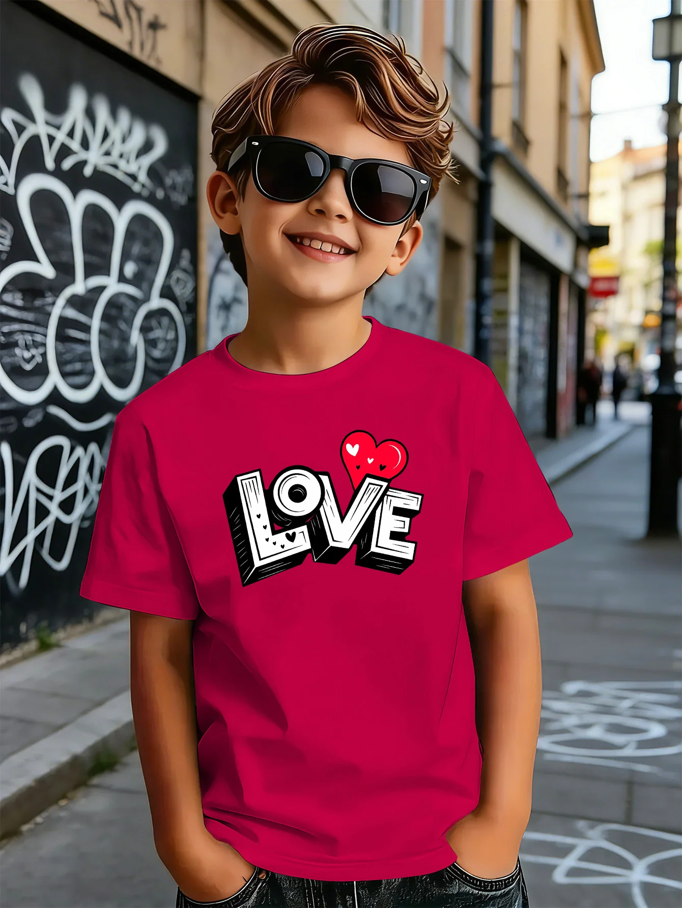 3D Graffiti Love Letter Red Heart Print Kids T Shirt Boys Girls Short Sleeve Cotton Family Matching Toddler Daily Casual Tops
