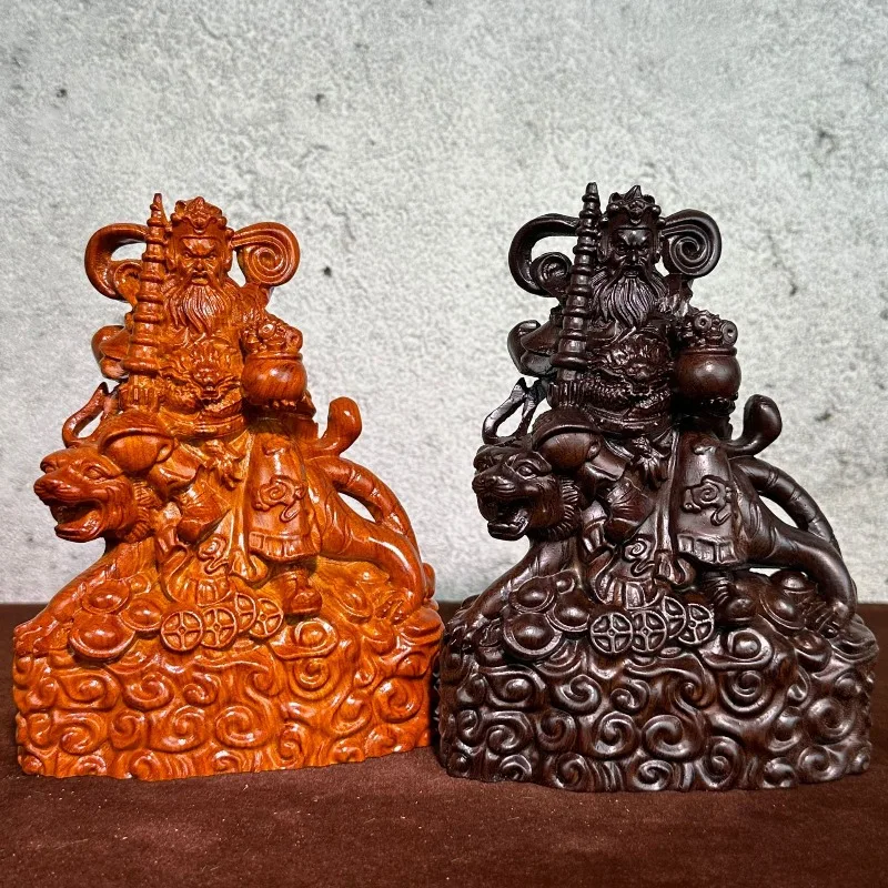 

Wood Carved Martial Wealth God Zhao Gongming Riding Tiger Statue Solid Wood Craft for Success Office Desk Home Feng Shui Decor​​