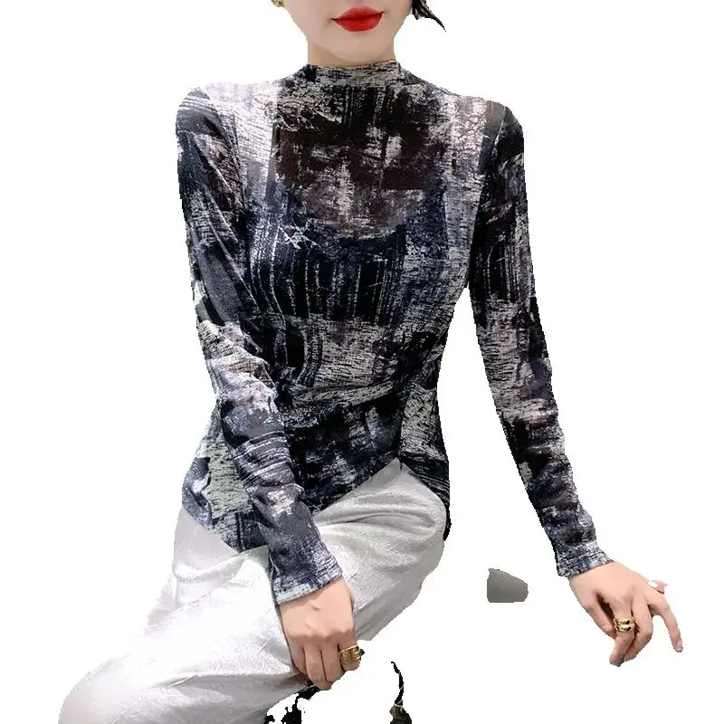 MadBlack 섹시 여성 모크넥 프린트 탑, 긴팔 슬림 불규칙 티, 유럽 의류, 가을 겨울 T40611CC